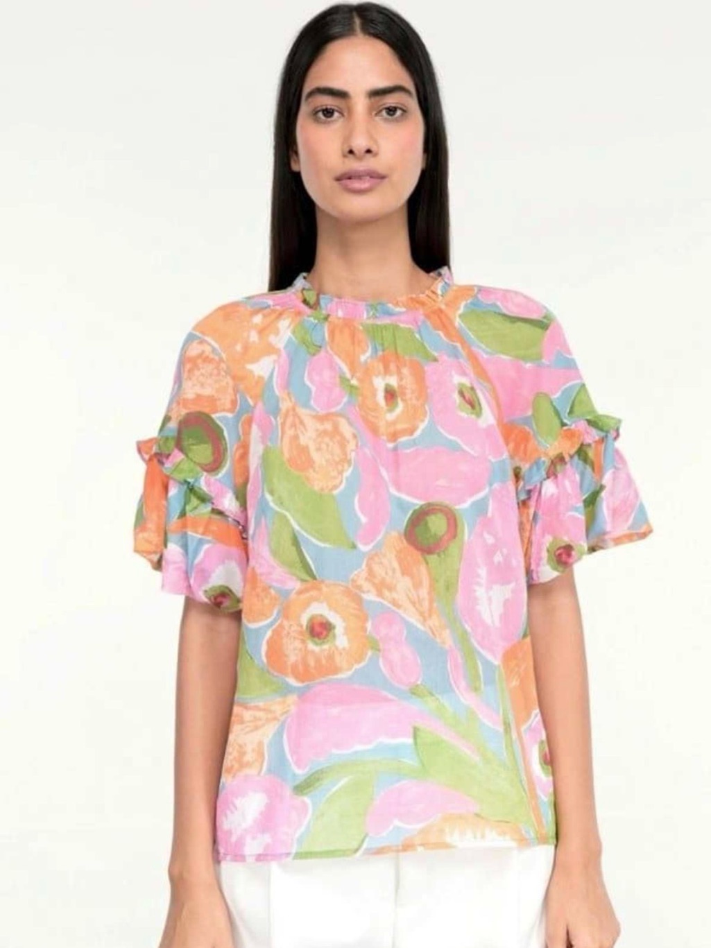 Banjanan Pink & Orange Floral Ruffle-Sleeve Blouse